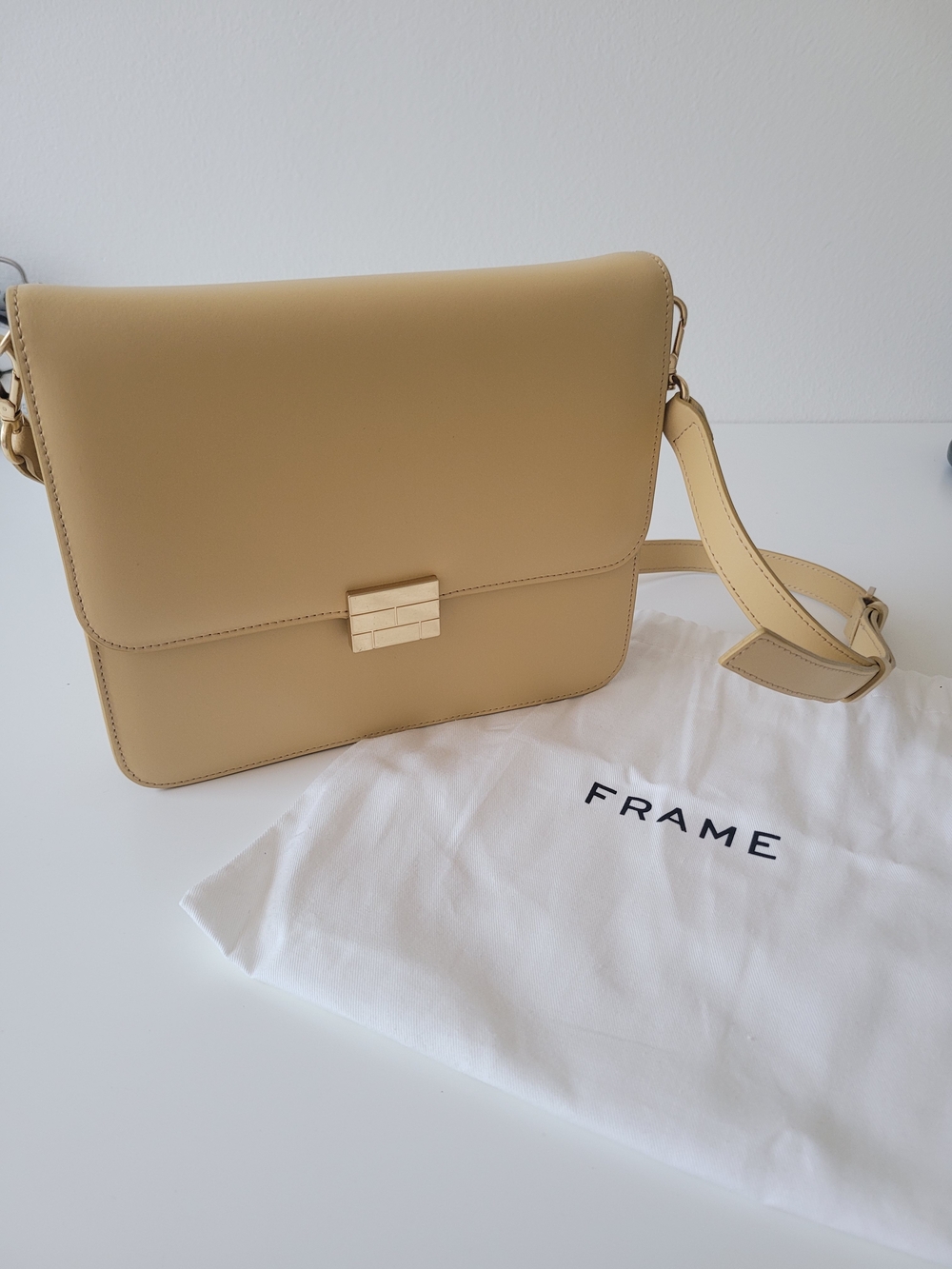 Frame Denim Beige Leather Crossbody with Gold-Tone Hardware